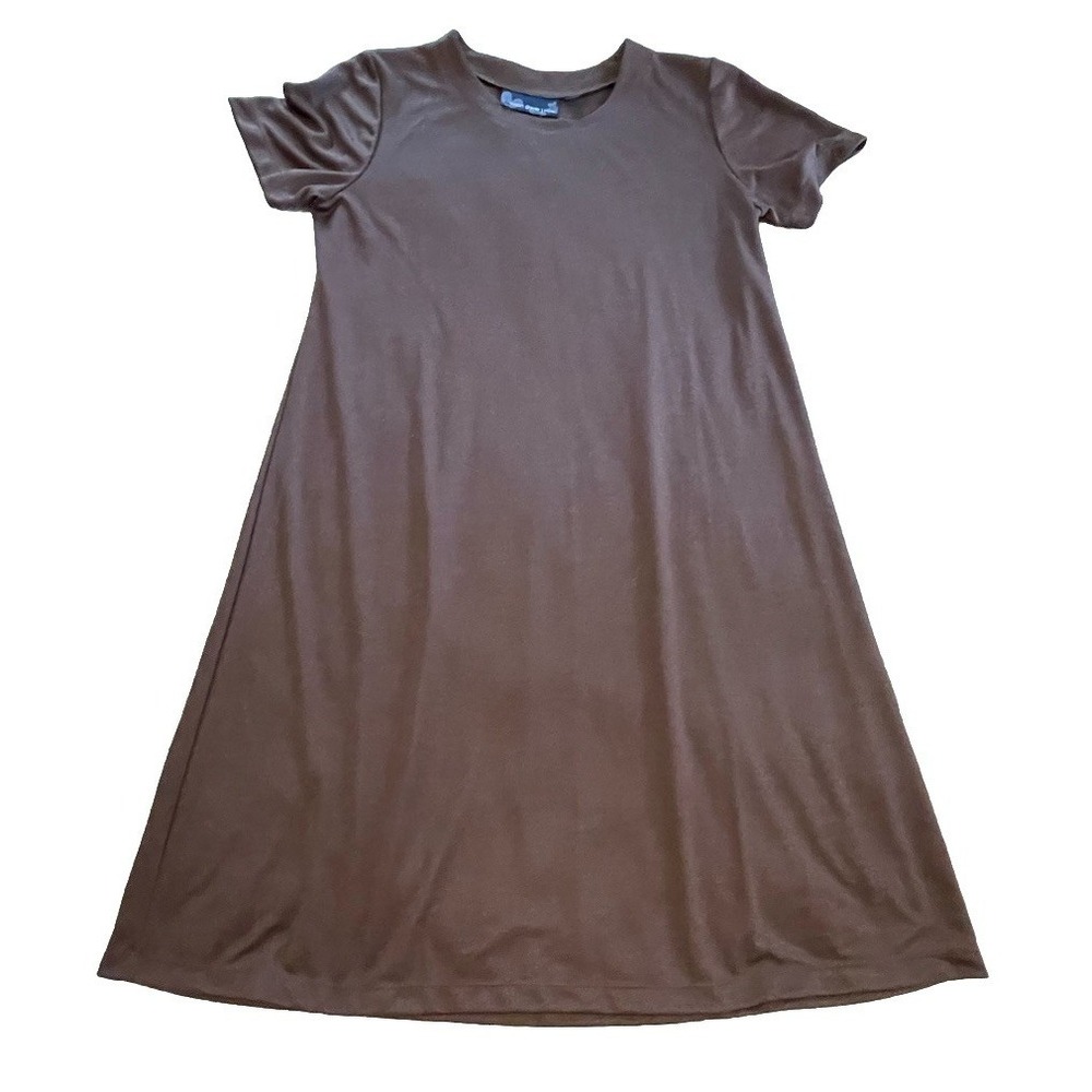 Susan Graver Sz L Brown A-Line Dress Made in USA Poly/Rayon Soft Knit Minimalist